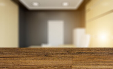Background with empty wooden table. Flooring. Modern office building interior. 3D rendering.