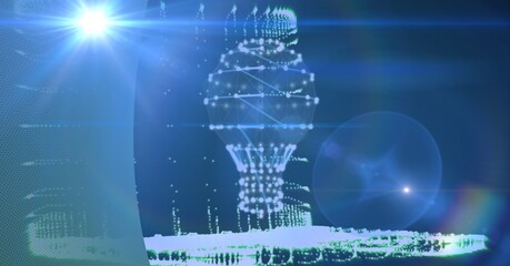 Fototapeta premium Spot of light over bulb of network of connections against blue technology background