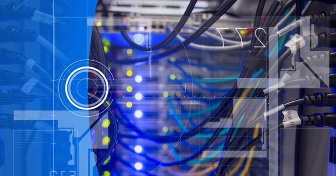 Round scanner and data processing over computer server against blue technology background