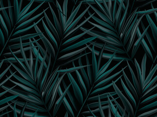 Fototapety  Streszczenie sztuka liści palmowych tło. Bezszwowa tapeta tekstura z liści bananów i monstera, tropikalnych liści dżungli, egzotyczny botaniczny kwiatowy wzór. Projekt dla wydruków, banerów, grafik ściennych