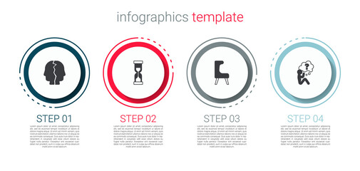 Set Bipolar disorder, Old hourglass, Armchair and Head with question mark. Business infographic template. Vector