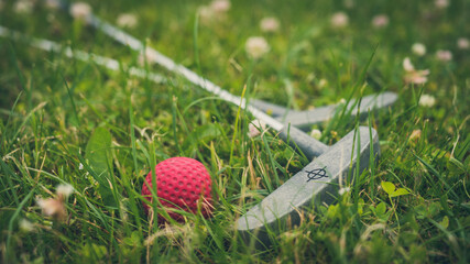 Mini golf game equipment. Close-up of red ball and putters on green grass. Summer outdoor game.