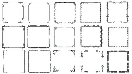 Set Black Simple Line Frame Collection Doodle Square Floral Frame Elements Vector Design Style Sketch Isolated Illustration For Banner