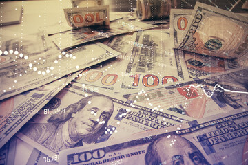 Double exposure of data theme drawing over us dollars bill background. Technology concept.