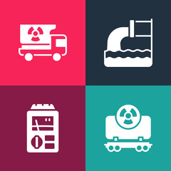Set pop art Radioactive cargo train, Dosimeter, Wastewater and Truck with radiation materials icon. Vector