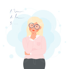Female in glasses thinking or planning to do list, concept illustration