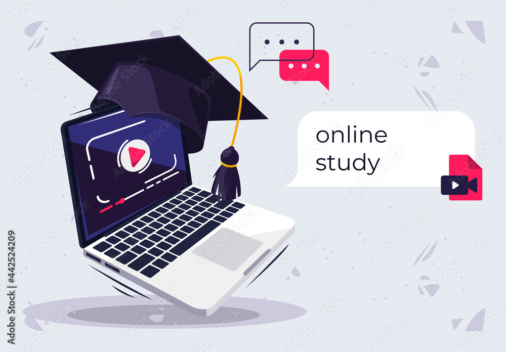 Poster vector illustration of an open window of a video player in a laptop with a classic academic student'