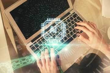 Double exposure of woman hands working on computer and data theme hologram drawing. Top View....