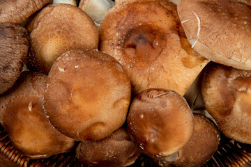 top view of fresh mushrooms in a wicker basket