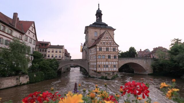 Bamberg, Bavaria, Germany. Timelapse of the Old town hall over the river Regnitz.