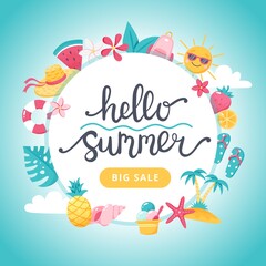 Summer sale banner. Hand drawn lettering and cute cartoon elements. Vector illustration