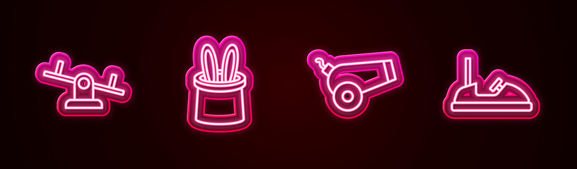 Set line Seesaw, Magician hat and rabbit ears, Cannon and Bumper car. Glowing neon icon. Vector