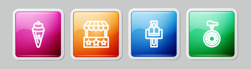 Set line Ice cream in waffle cone, Ticket box office, Attraction carousel and Unicycle or wheel bicycle. Colorful square button. Vector