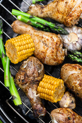 Grilled Food on Charcoal BBQ. Summer Picnic in Backyard Garden