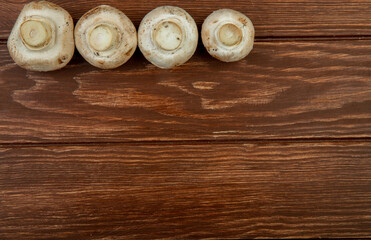 top view of fresh mushrooms lined in a row on rustic wooden background with copy space