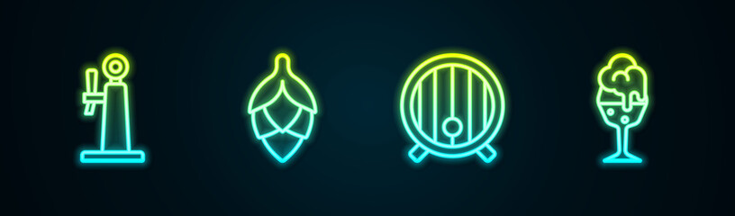 Set line Beer tap, Hop, Wooden barrel and Glass of beer. Glowing neon icon. Vector