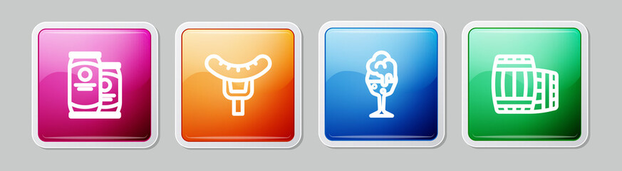 Set line Beer can, Sausage on the fork, Glass of beer and Wooden barrel. Colorful square button. Vector