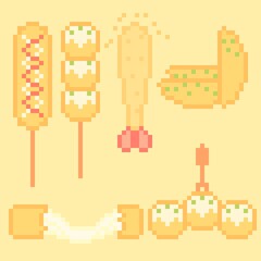 pixel art of fried snacks; corndog, tempura, potatoes, mozarella
