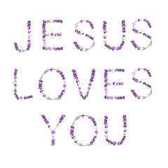 vector inscription Jesus loves you  made in the form of lavender sprigs