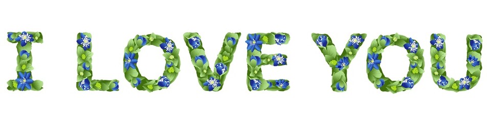 vector lettering I love you, made in the form of flowers and leaves of liverwort