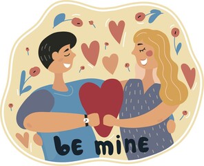 Vector happy couple on Valentine's Day with hearts and flowers. Be mine.