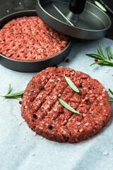 Prepared Beef Burgers with Burger Press. BBQ and Grill Meat Food