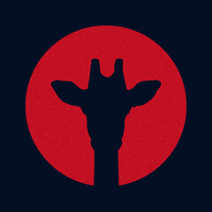 Obraz premium Giraffe head. Endangered animal silhouette. Red sun, sumie style