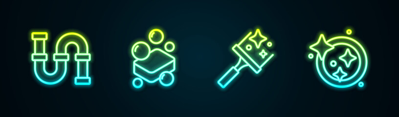 Set line Industry metallic pipe, Bar of soap, Rubber cleaner for windows and Washing dishes. Glowing neon icon. Vector