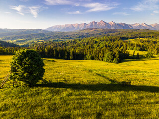 Naklejka premium Scenic Landscape at Sunrise in Lapszanka. High Tatras Mountains in Poland