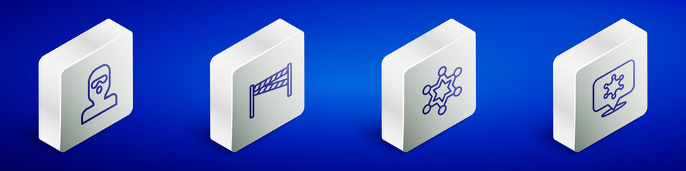 Set Isometric line Thief mask, Crime scene, Hexagram sheriff and icon. Vector