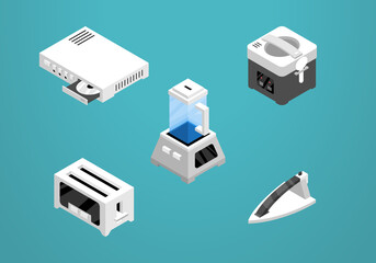 Set of isometric icon design for electronic. Dvd player, rice cooker, toaster, ironing clothes, mixer