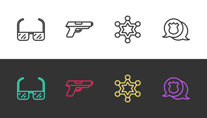 Set line Safety goggle glasses, Pistol or gun, Hexagram sheriff and Police badge on black and white. Vector