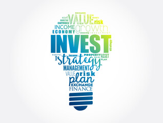 Invest light bulb word cloud, business concept background