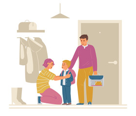 Firstgrader Going To School. Mother Saying Goodbuy In Hallway. Vector Illustration.