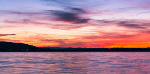 Bright red sunset over Lake Zug. Switzerland.