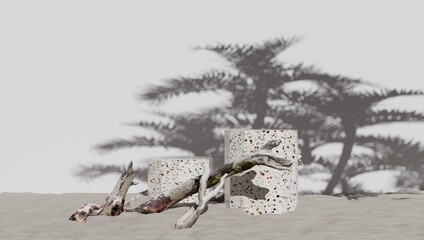 3D podium display set. Copy space white background. Cosmetics or beauty products promotion mock-up. Pedestal made of stone and natural wood.