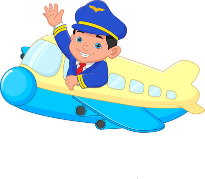 cartoon young pilot waving from the plane