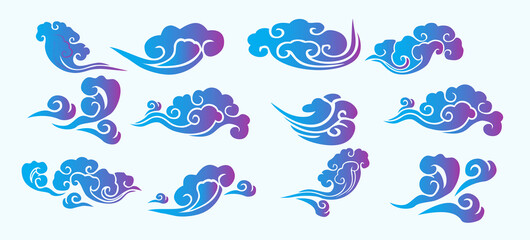 Collection of blue purple gradient color clouds in Chinese  or Japanese style