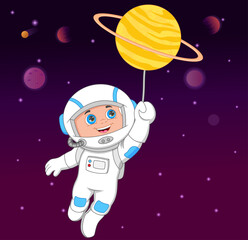 cartoon young astronaut on space planet