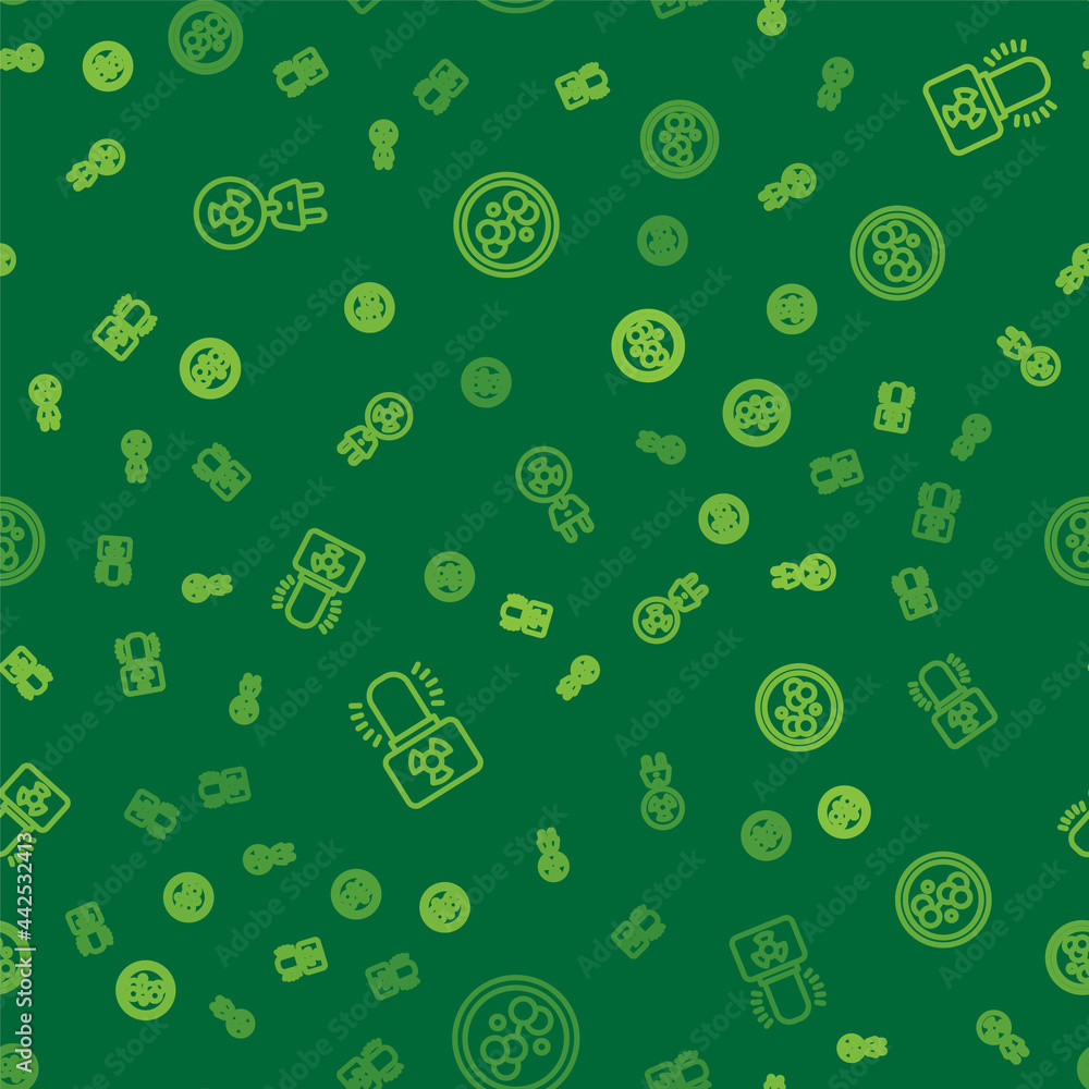 Poster set line radiation electrical plug, radioactive warning lamp and molecule on seamless pattern. vecto