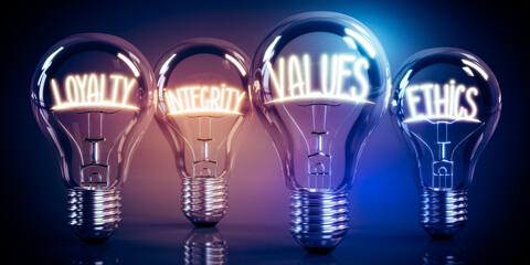 Loyalty, integrity, values, ethics - shining four light bulbs - 3D illustration