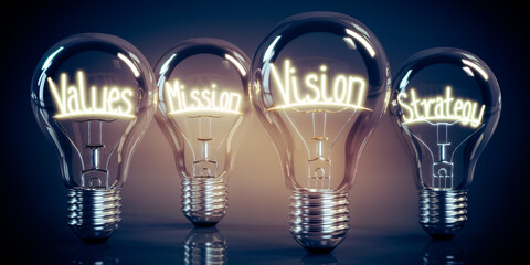 Values, mission, vision, strategy - shining four light bulbs - 3D illustration