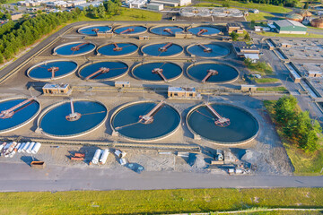 Aerial view of the solid clarifier tank type sludge recirculation in water treatment plant
