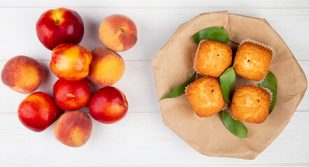 Naklejka na ściany i meble top view of muffins with green leaves on craft brown paper with fresh ripe nectarines on white rustic wooden background