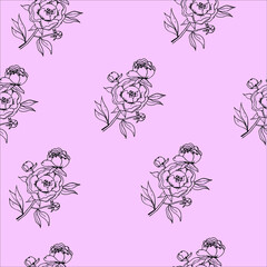 Fototapeta premium Vector drawed simple line pattern with stylized peonies and leaves. This seamless pattern is suitable for greeting cards, postcards, notebook covers,textiles, wallpapers, wrappers, other decorations.