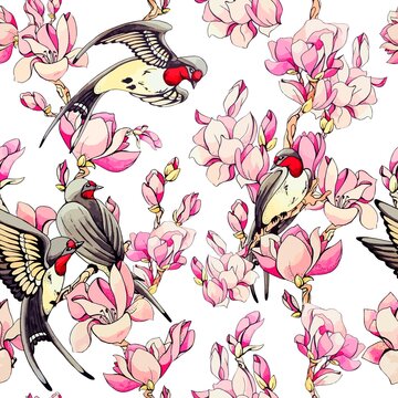 Sakura pink flowers and swallow seamless pattern. Repeat ornament of peach blossom twigs and martlet bird. Print design of nature. Watercolor decor with spring floral motif. Vector stock illustration.