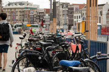 Fototapeta na wymiar Amsterdam street on a normal day with no cars and bicycles on the street