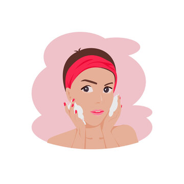 The front half of cartoon a beautiful woman wrapped her hair in a pink cloth is cleaning her face with foam.Cute girl is massaging her face with whipped cream.Vector flat design concepts for cosmetic 
