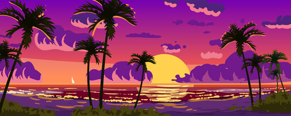 Sunset Ocean Tropical resort landscape panorama. Sea shore beach, sun, exoti csilhouettes palms, coastline, clouds, sky, summer vacation. Vector illustration cartoon style
