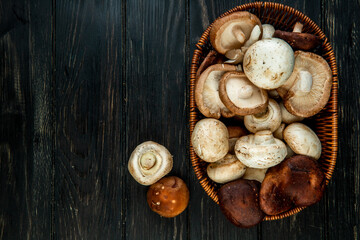 Fototapeta na wymiar top view of various types of fresh mushrooms in a wicker basket on dark rustic wooden background with copy space